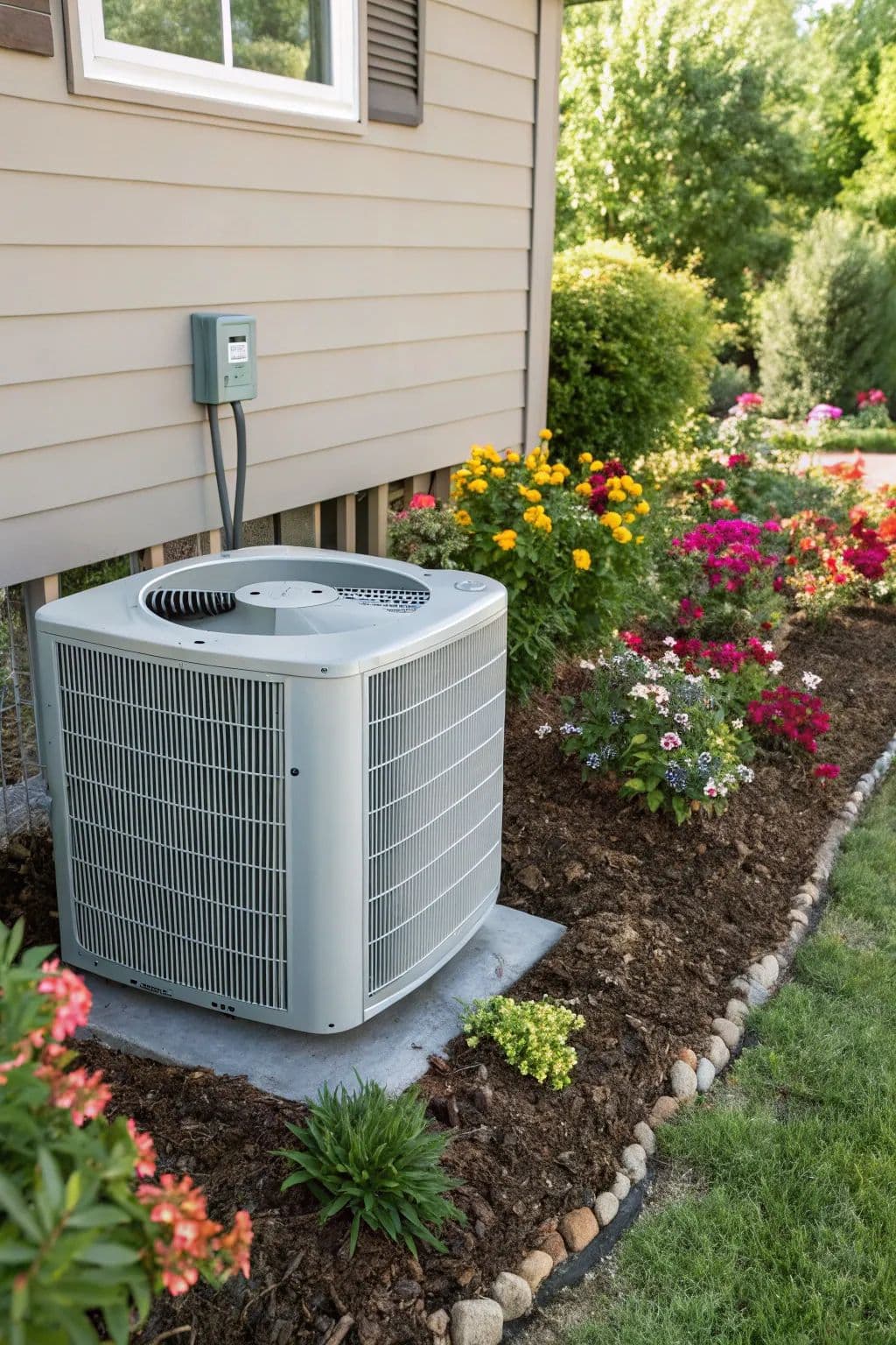 Energy-efficient outdoor central air conditioning unit next to a Utah home, surrounded by clean landscaping and colorful flowers — demonstrating proper HVAC maintenance for improved airflow, efficiency, and long-term performance.