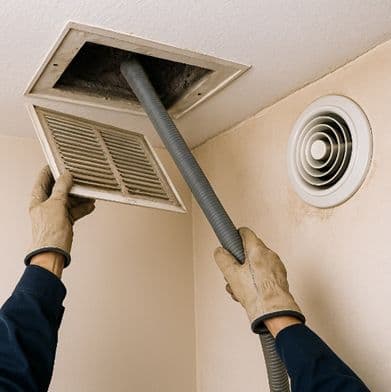 Technician cleaning an air duct vent using a vacuum hose to improve indoor air quality and HVAC efficiency.
