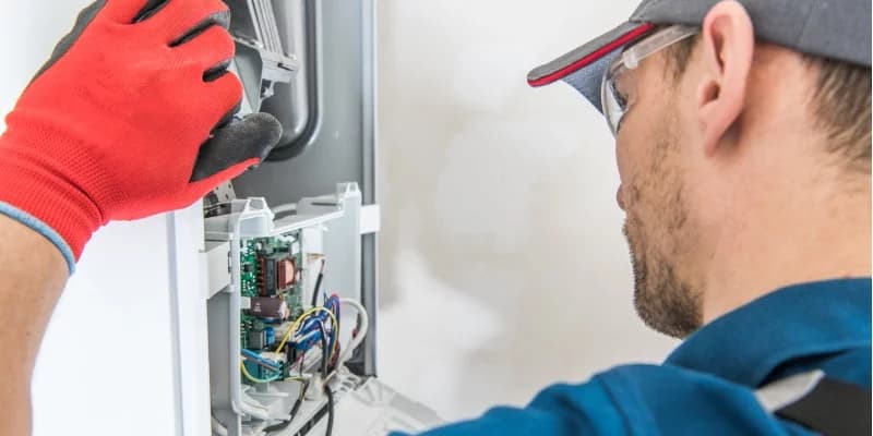 HVAC technician performing annual furnace maintenance and inspection in a Utah home to ensure heating efficiency before winter.