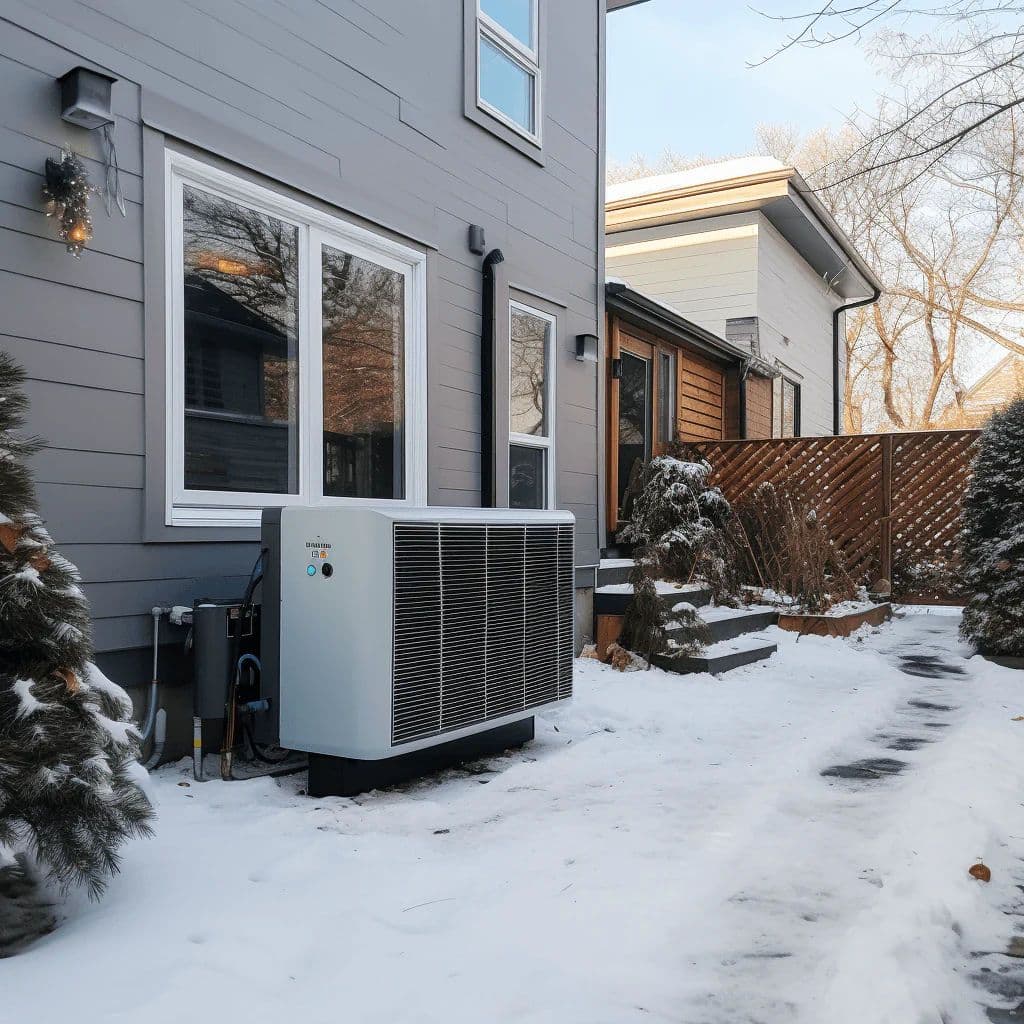 High-efficiency HVAC heat pump system installed for reliable heating in snowy, cold-weather conditions.