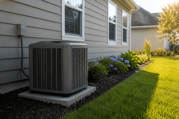 Outdoor residential AC unit running beside a home during summer, representing cooling efficiency and rising energy bills.