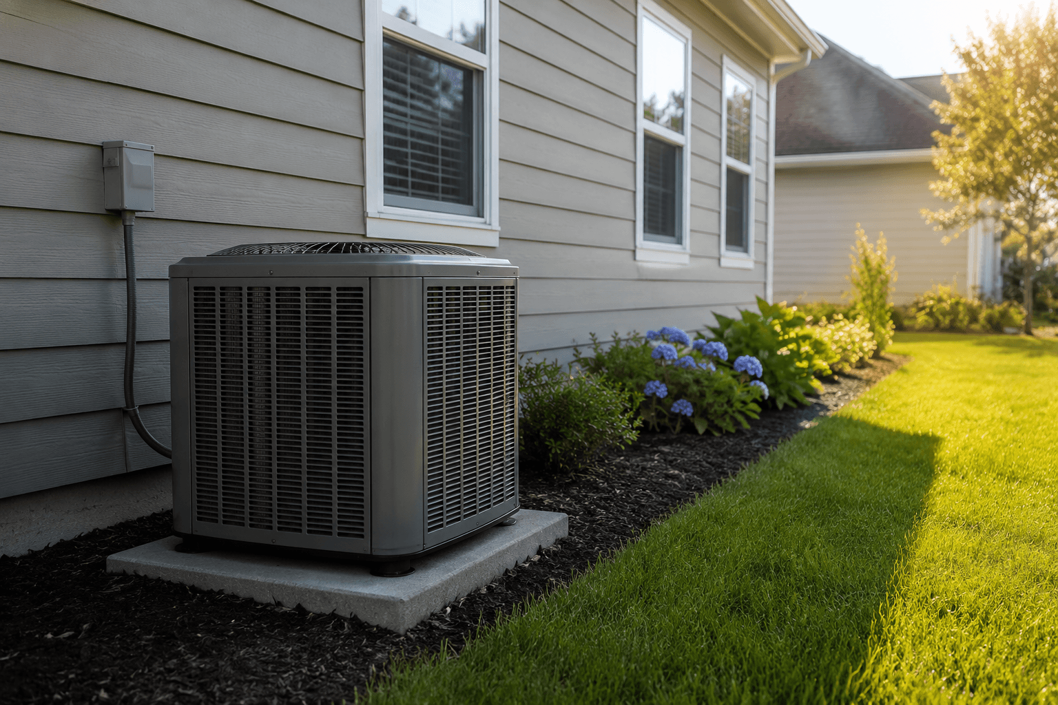 Outdoor residential AC unit running beside a home during summer, representing cooling efficiency and rising energy bills.
